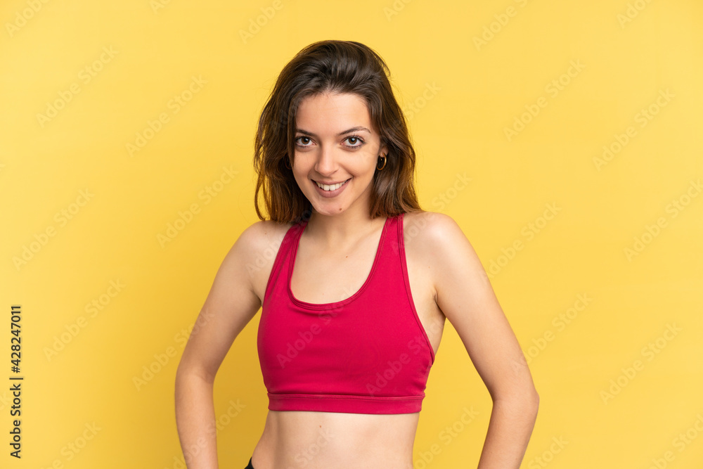 Young caucasian woman isolated on blue background happy and smiling Young caucasian woman isolated on blue background happy and smiling