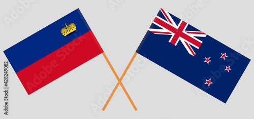 Crossed flags of Liechtenstein and New Zealand. Official colors. Correct proportion
