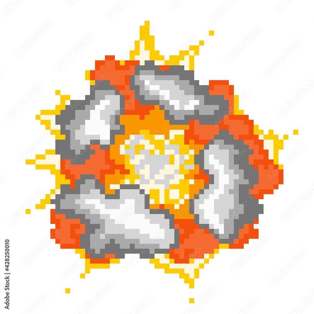 Explosion with clouds pixel smoke. Detonating bomb red energy destruction and blazing yellow fire with gray acrid clouds vector gases. Explosion with clouds pixel smoke. Detonating bomb red energy destruction and blazing yellow fire with gray acrid clouds vector gases.