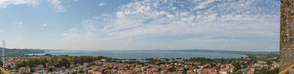 Panoramic view of Lake Bolsena in the province of Viterbo in Italy from the Rocca Monaldeschi in Bolsena.