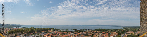 Panoramic view of Lake Bolsena in the province of Viterbo in Italy from the Rocca Monaldeschi in Bolsena.