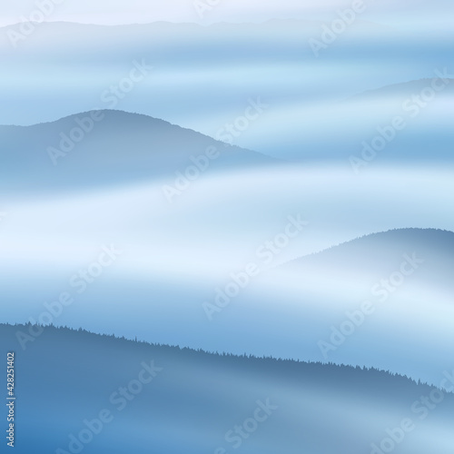 Hill range. Foggy clouds. Mountain in morning fog. Natural landscape