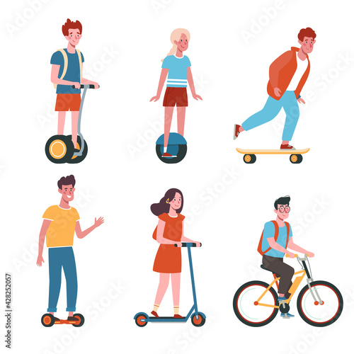 Flat vector collection with kids on electric transport. Children ride bicycles, skateboards, scooters, gyroboards. .Teenagers, boys and girls ride. Colorful illustration in cartoon style isolated on