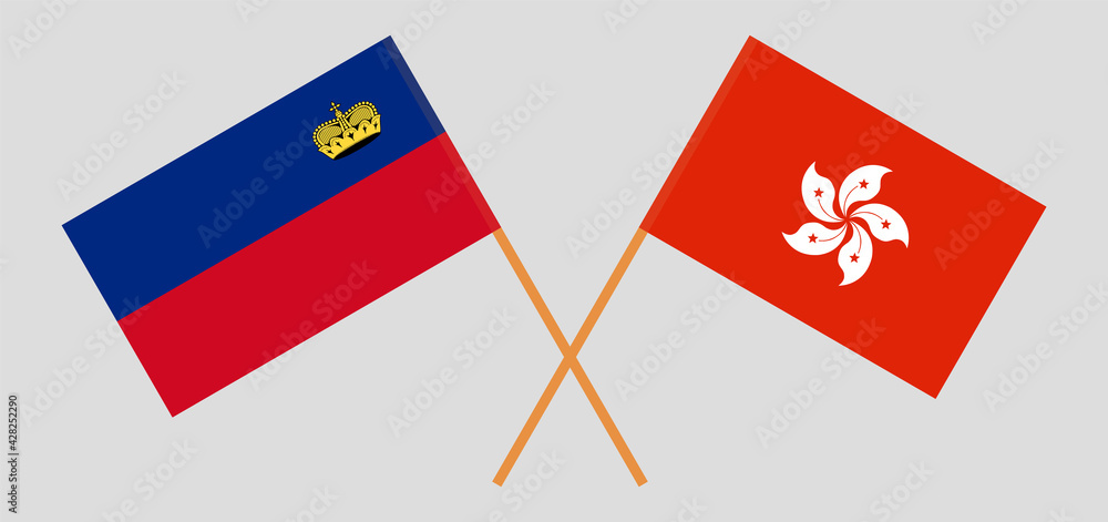 Crossed flags of Liechtenstein and Hong Kong. Official colors. Correct proportion Crossed flags of Liechtenstein and Hong Kong. Official colors. Correct proportion
