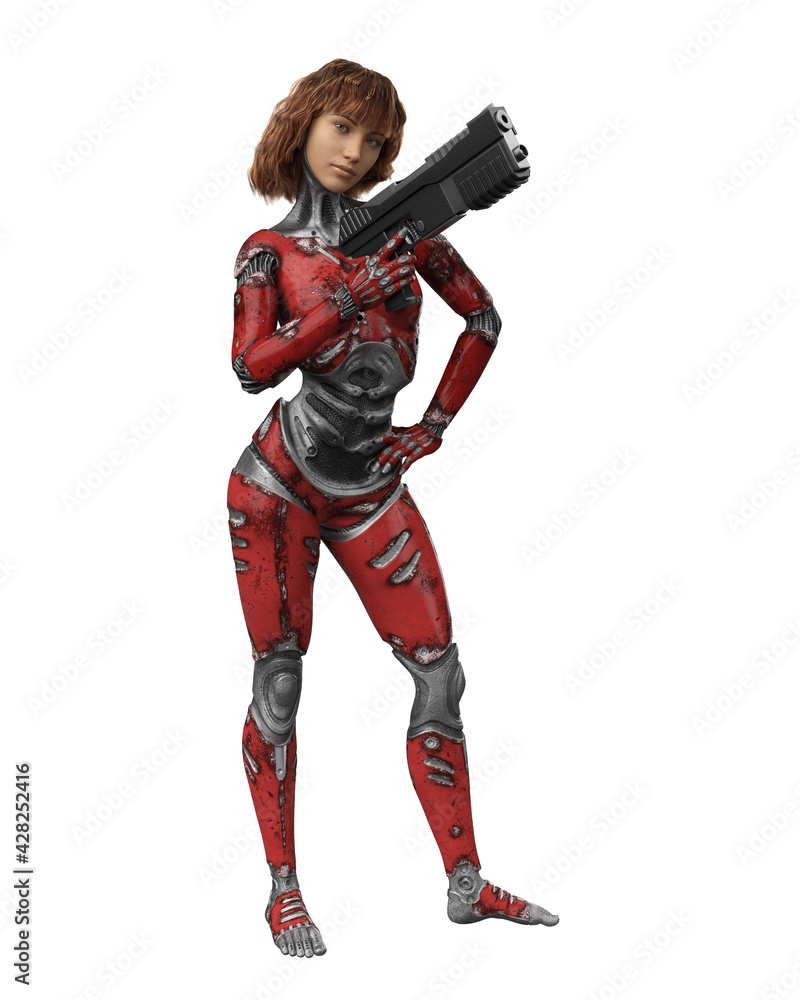 3D rendering of a beautiful cyborg girl posing with a gun and isolated on white. 3D rendering of a beautiful cyborg girl posing with a gun and isolated on white.