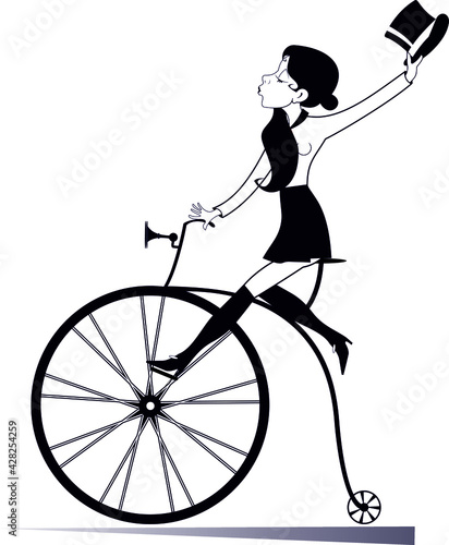 Young woman with a top hat rides retro bike illustration Attractive young woman holds a top hat in the hand rides a vintage bike black on white  © bigmen