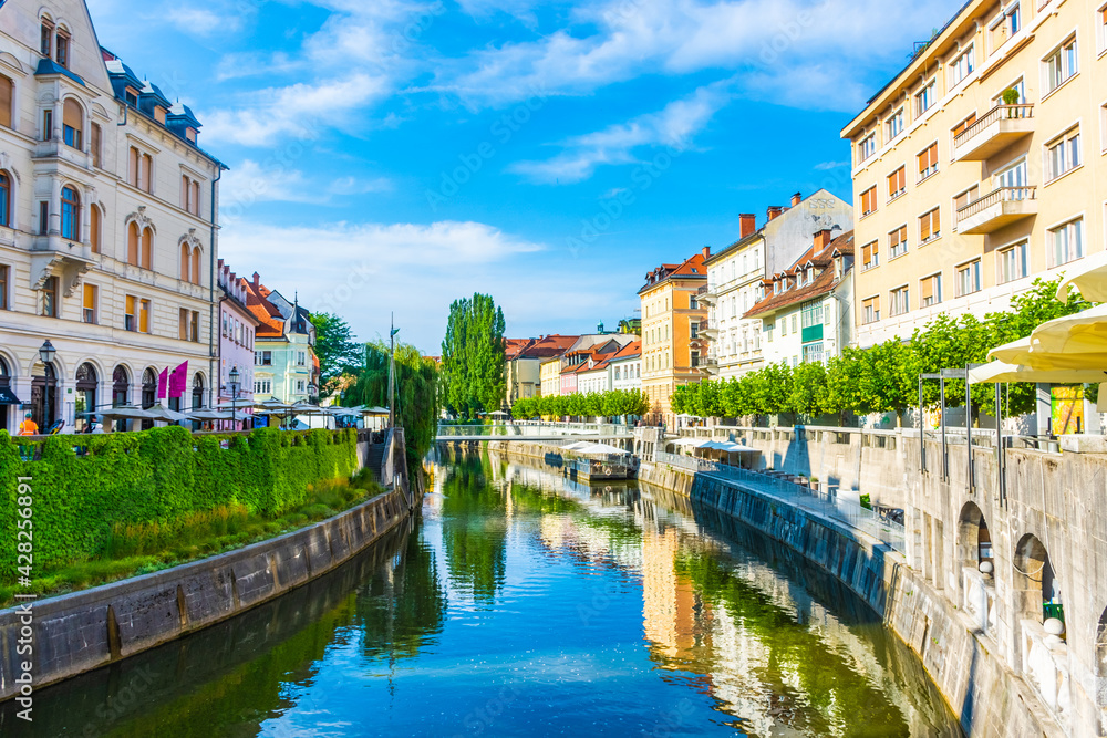 LJUBLJANA, SLOVENIA, 5th AUGUST 2019: The river flowing in the historic center