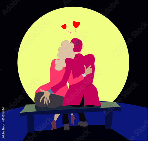 Love couple rendezvous under the moon illustration. 
Young man and sit on the bench under the moon and hug one another 
