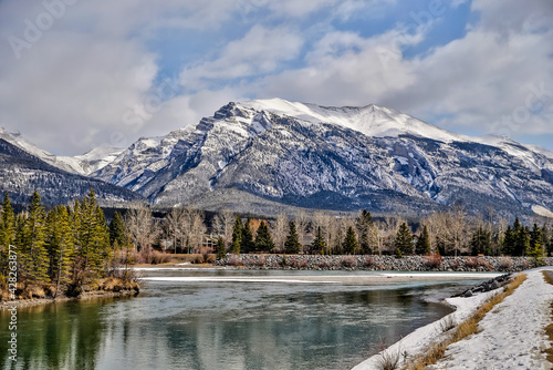 Views along the Bow River amidst the Rocky Mountain Landscapes of Canmore Alberta