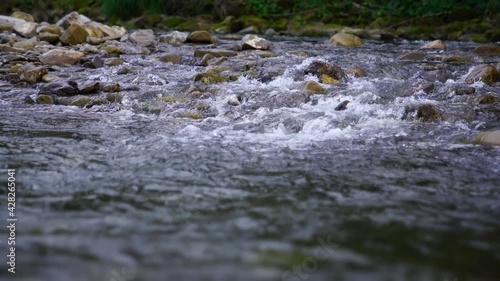 Water in a mountain river with rocky banks. Looped video with sound