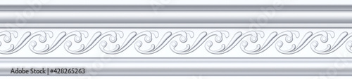 Seamless pattern of white classic mold cornice with classic floral ornament for interior wall design. Repeating gypsum plaster frieze for ceiling decoration frame