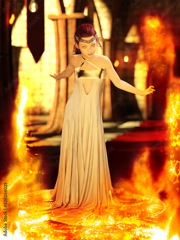 A 3d digital render of a beautiful elven maiden in a gown and tiara with fire around her.