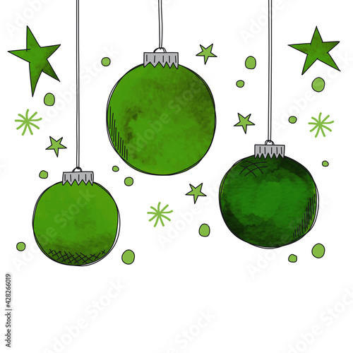 Drei hängende Christbaumkugeln Aquarell mit Sternen in grün