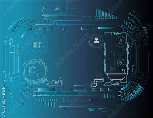plumber  futuristic background with tools and equipment on a blue backdrop.
Modern vector illustration. copy space.