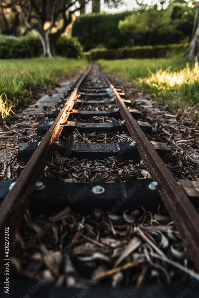 Fototapeta premium Detail of the old sleepers that hold the rails of a small train track.