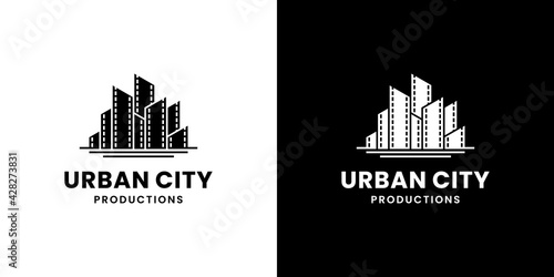 Urban building with Film stripes for Movie Production logo design