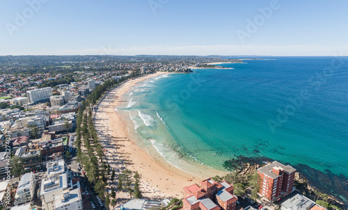 Photography Panoramic high angle aerial drone shot of famous Manly Beach, a beach-side suburb of northern Sydney in the state of New South Wales, Australia