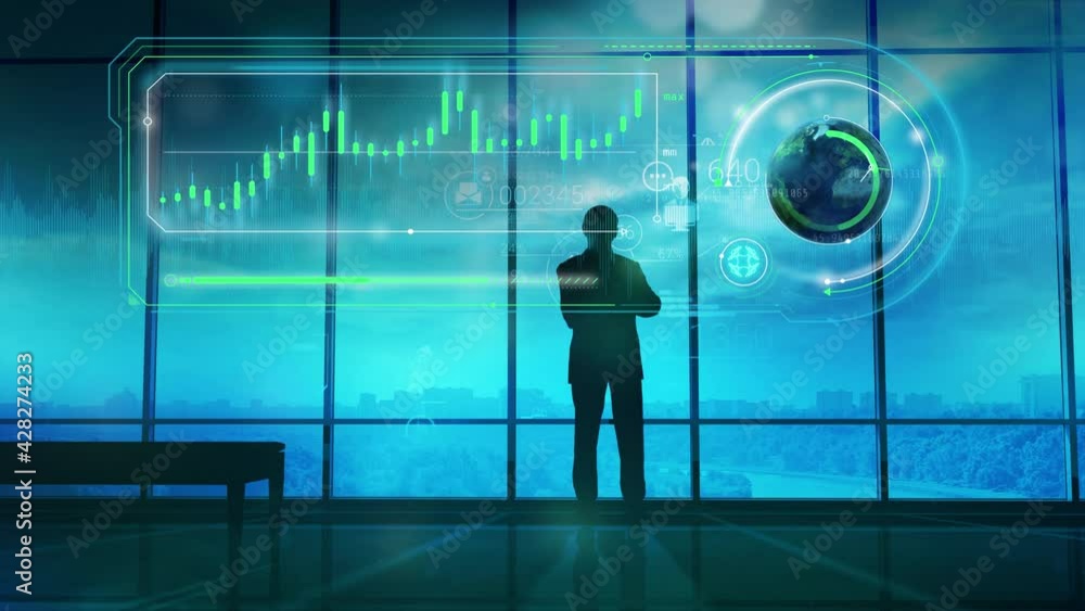 Silhouette of a businessman in the office and stock quotes infographics. Silhouette of a businessman in the office and stock quotes infographics.