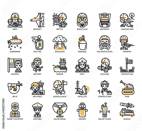 Set of Military thin line and pixel perfect icons for any web and app project.