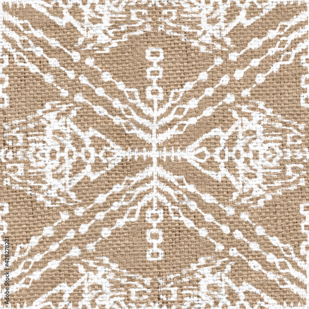 Seamless burlap with white paint pattern overlay. High quality illustration. Real burlap fabric texture with digital pattern on top for print in various surface design uses. Great for interiors. Seamless burlap with white paint pattern overlay. High quality illustration. Real burlap fabric texture with digital pattern on top for print in various surface design uses. Great for interiors.