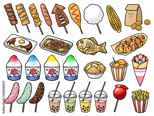 【手描きベクター食べ物イラスト素材】縁日・お祭り・屋台の食べ物セット