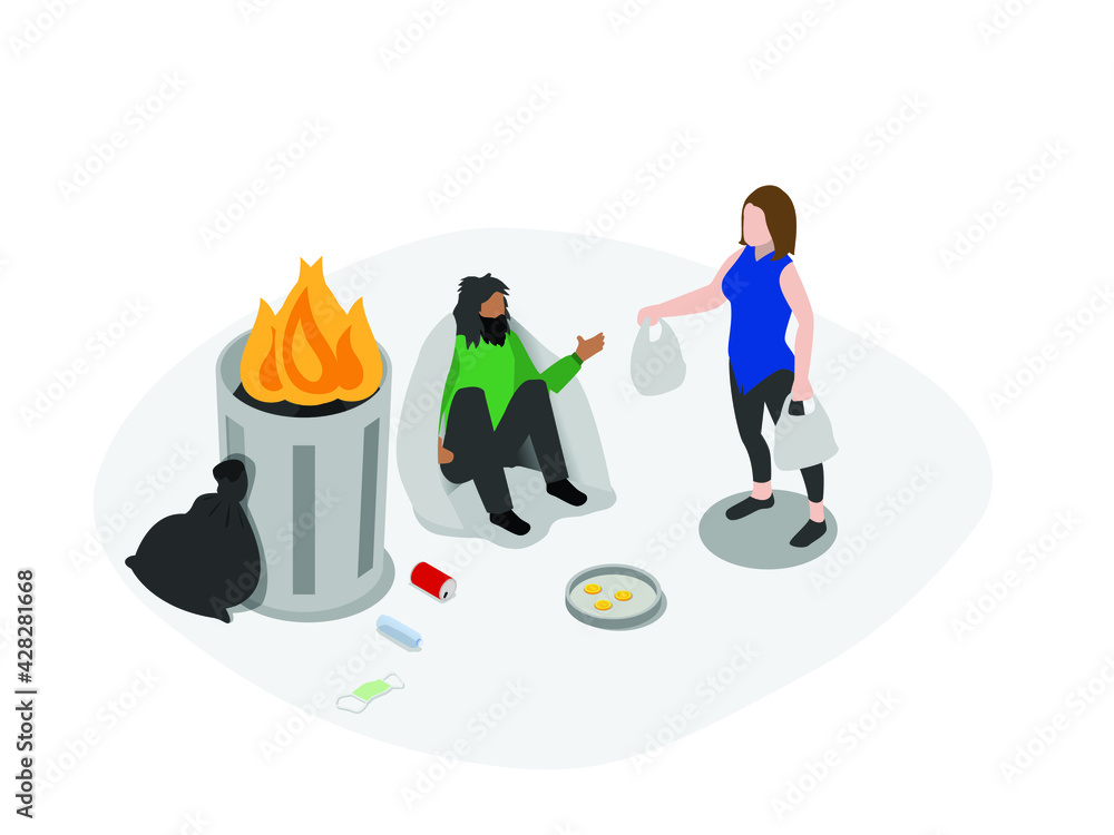 Homeless donation vector concept. Young woman giving a plastic bag of foods to homeless near the dirty garbage Homeless donation vector concept. Young woman giving a plastic bag of foods to homeless near the dirty garbage