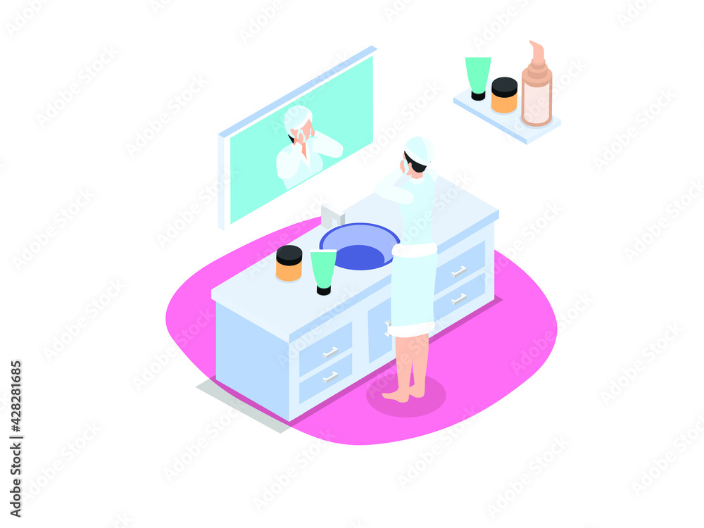 Beauty treatment vector concept. Young woman wearing bathrobe while applying a cream on her face and standing in the bathroom sink