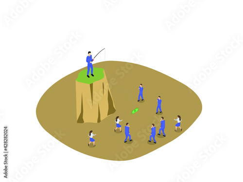 Cheating business vector concept. Cheating businessman using fishing rod to makes money trap to his rivals