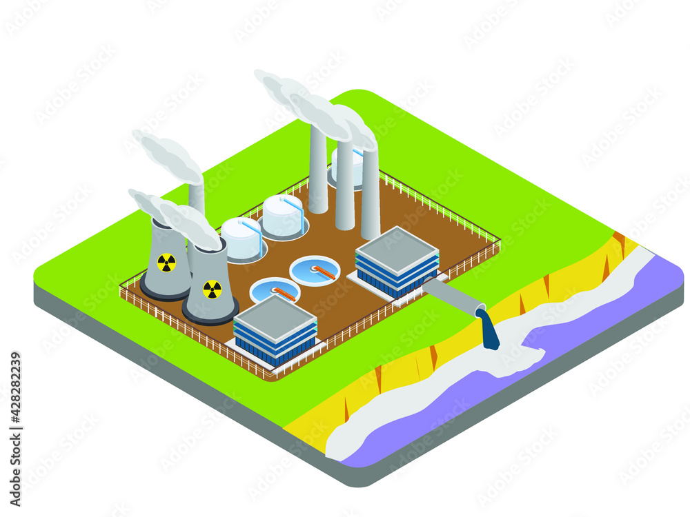 Pollution vector concept. Industrial factory emitting smoke through chimneys while pouring out toxic waste chemicals on river Pollution vector concept. Industrial factory emitting smoke through chimneys while pouring out toxic waste chemicals on river