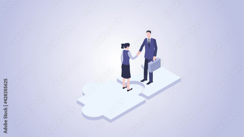 Two business people handshaking on puzzle piece Two business people handshaking on puzzle piece