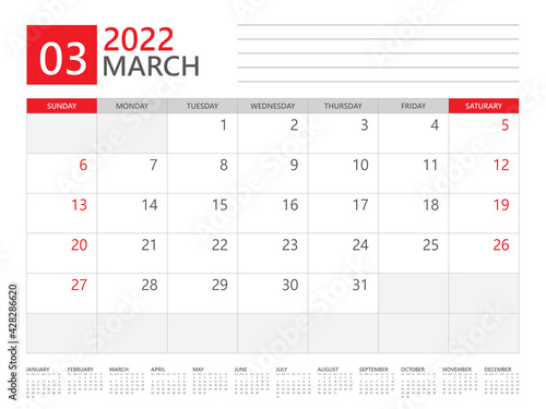 March 2022 year, Calendar planner 2022 and Set of 12 Months,  week start on Sunday. Desk calendar 2022 design, simple and clean design, Wall calendar, Corporate design planner template vector