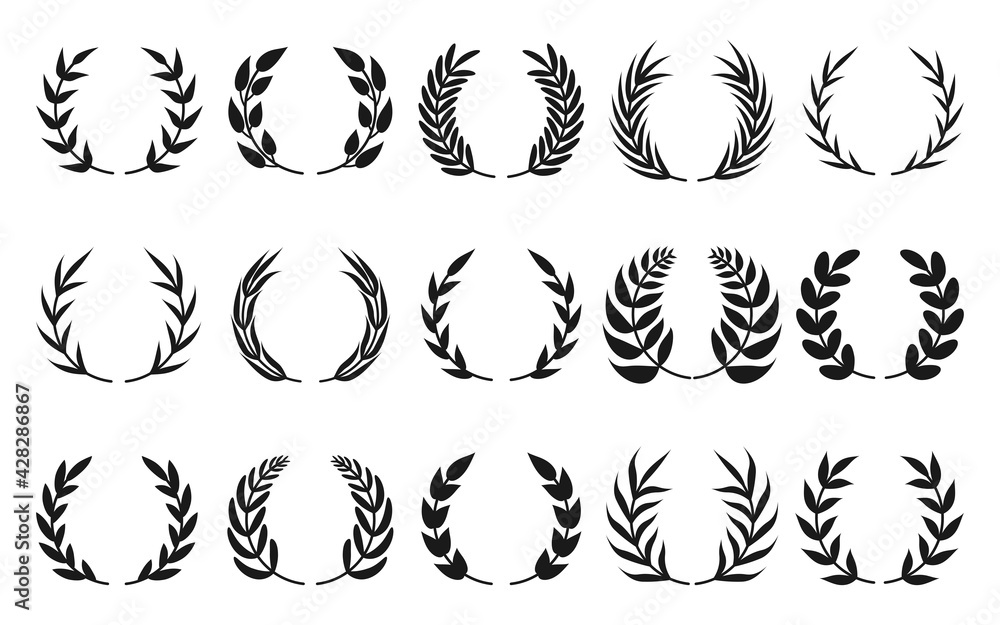 Set of black circular laurel branches. Vintage foliate wreaths collection. Icon of trophy crest, winner round emblem or olive branch award. Great for cards, logos, game apps, web. Vector illustration