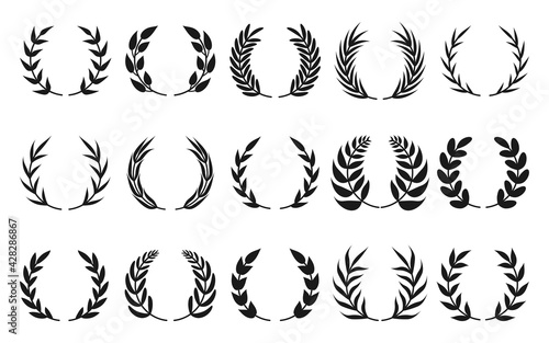 Set of black circular laurel branches. Vintage foliate wreaths collection. Icon of trophy crest, winner round emblem or olive branch award. Great for cards, logos, game apps, web. Vector illustration