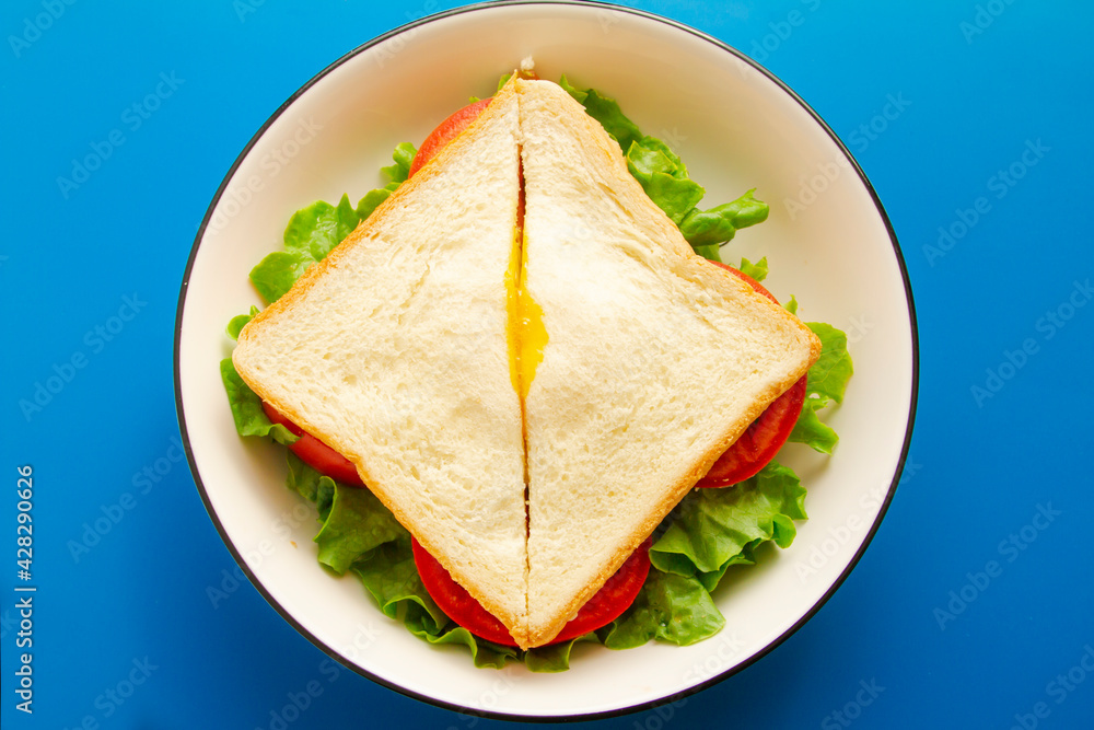 Sandwich with egg lettuce and tomato close up.