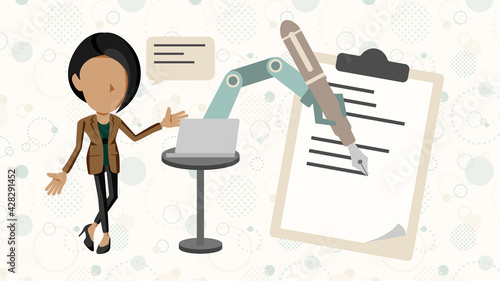 音声で機械を操作して文字を書く人物のイラスト	