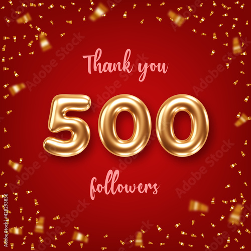 Thank you followers. Social media achievement poster with golden 3d numbers and confetti on red background