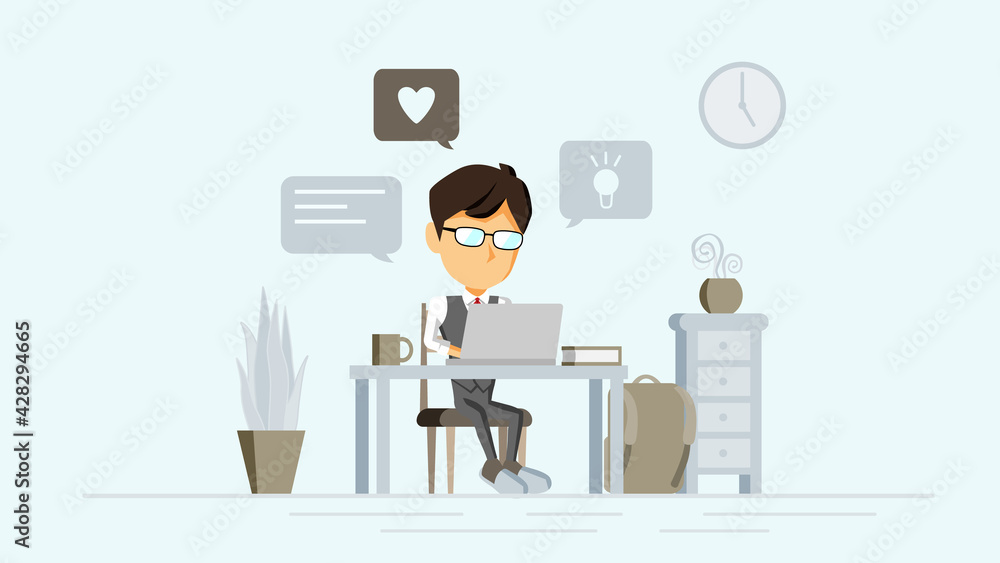 Fototapeta premium 自宅でPC作業をする人物のイラスト