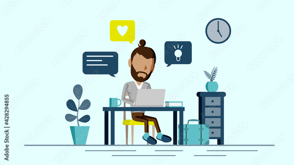 自宅でPC作業をする人物のイラスト 自宅でPC作業をする人物のイラスト