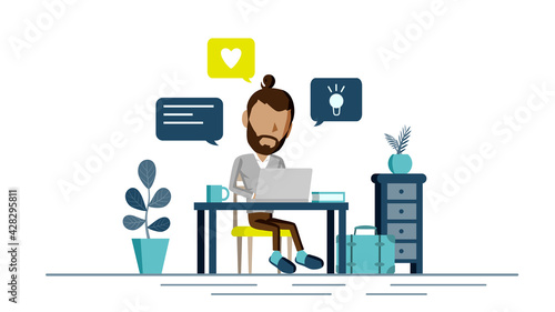 自宅でPC作業をする人物のイラスト	