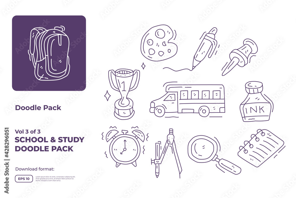 School and study doodle icon illustration set with thin outline style vector illustration