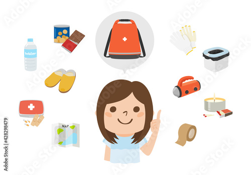 非常用バッグに入れるグッズを教えてる女性のイラスト。食べ物や地図、常備薬など。
