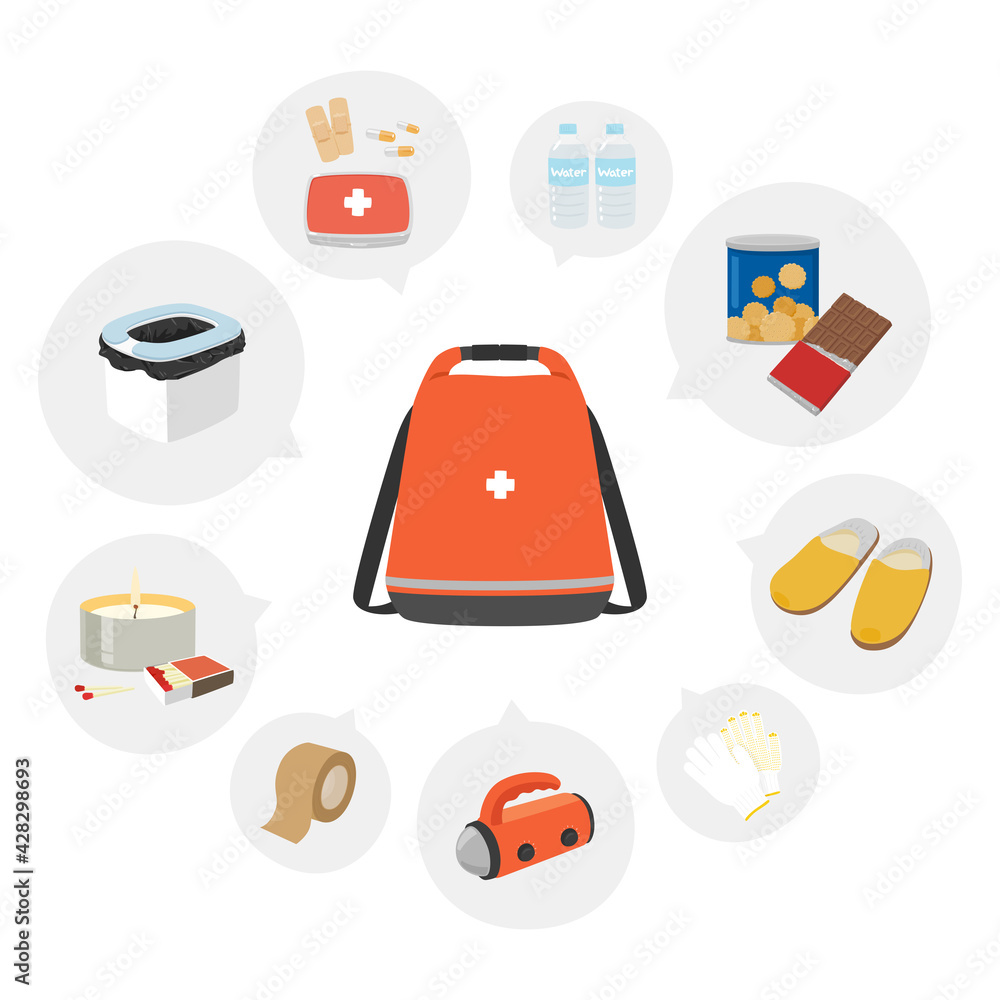 Vecteur Stock 非常用持出袋のイラスト 災害時に備えた防災グッズが入ったバッグ Adobe Stock