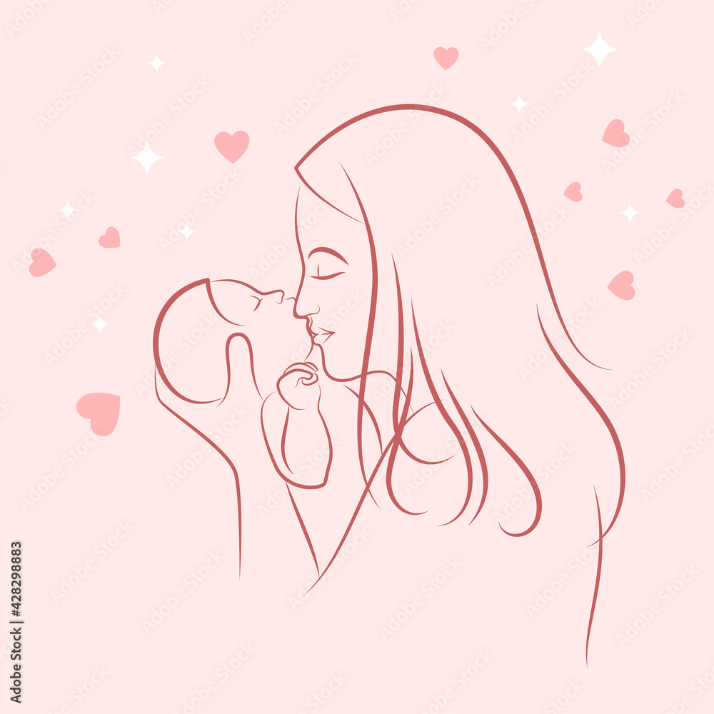 Cute baby with mother minimal vector line artwork happy mothers day Cute baby with mother minimal vector line artwork happy mothers day