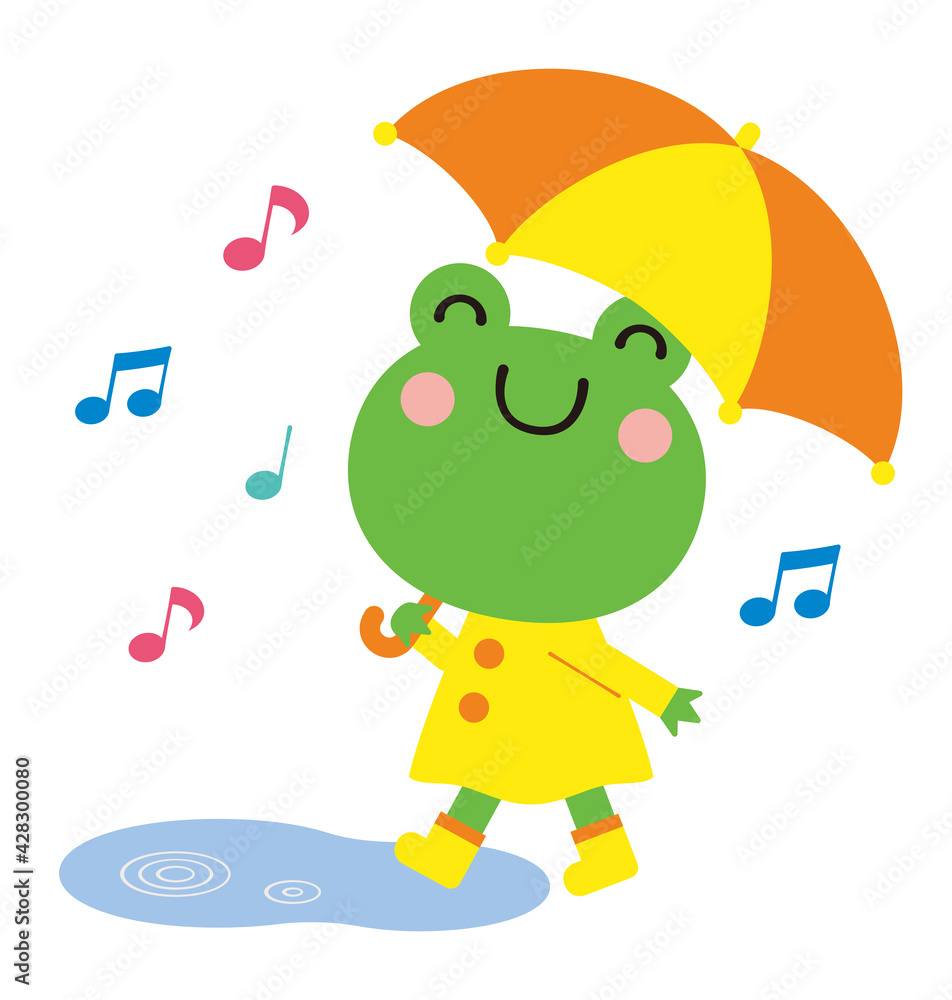 Obraz premium 傘を差したカエルと水たまり 梅雨の季節のイラスト