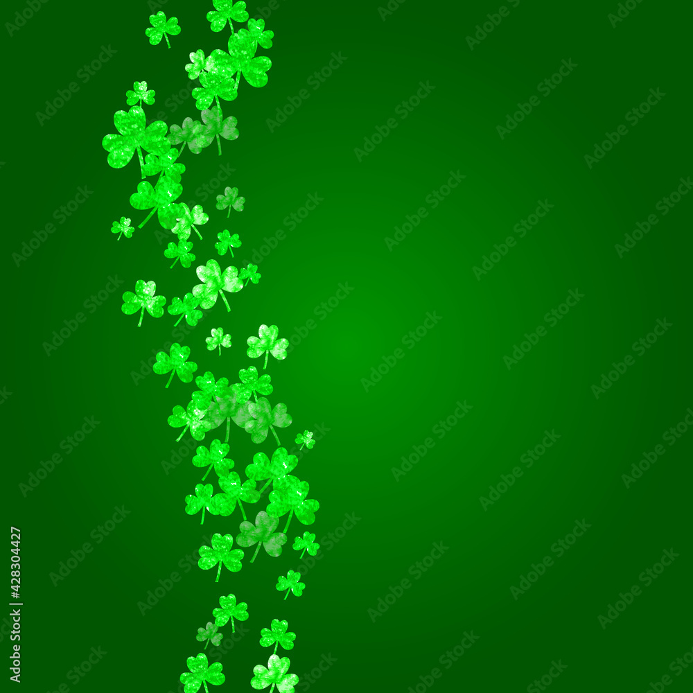 Clover background for Saint Patricks Day. Lucky trefoil confetti. Glitter frame of shamrock leaves. Template for gift coupons, vouchers, ads, events. Festal clover background. Clover background for Saint Patricks Day. Lucky trefoil confetti. Glitter frame of shamrock leaves. Template for gift coupons, vouchers, ads, events. Festal clover background.