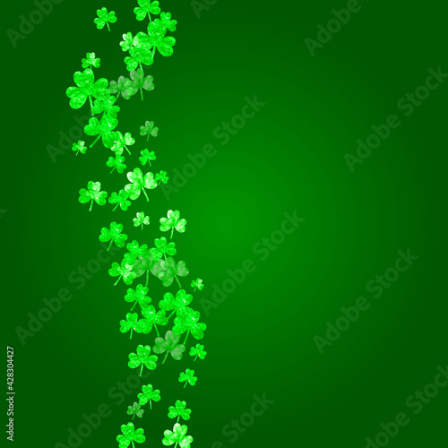 Clover background for Saint Patricks Day. Lucky trefoil confetti. Glitter frame of shamrock leaves. Template for gift coupons, vouchers, ads, events. Festal clover background.