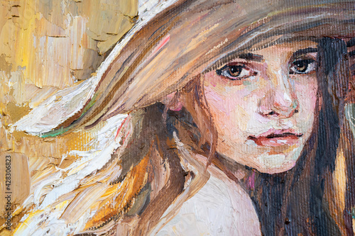 .A woman in a straw hat sits in the sunset. Girl in nature. Oil painting on canvas.