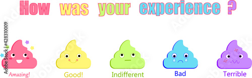Poop emoji feedback scale template on white background.  Poop emoticon set. User experience. Consumer review. Poop icons. Rank, level, satisfaction. Cute.