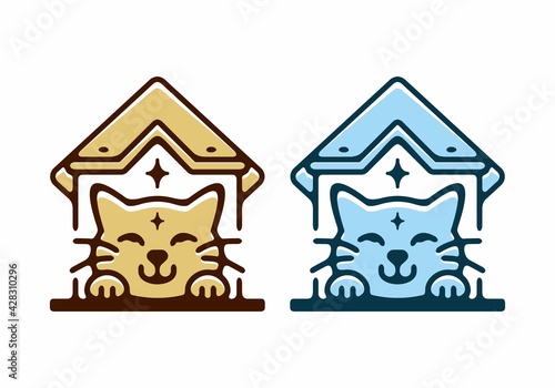 Brown and yellow color of cat and house flat illustration