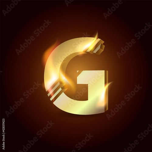 Capital letter of the English alphabet "G". Gold symbol on fire on a dark background.